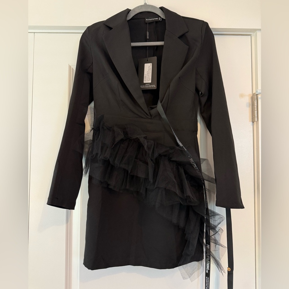 Pretty Little Thing Black Long Sleeve Mesh Frill Blazer Bodycon Dress Black SZ 0